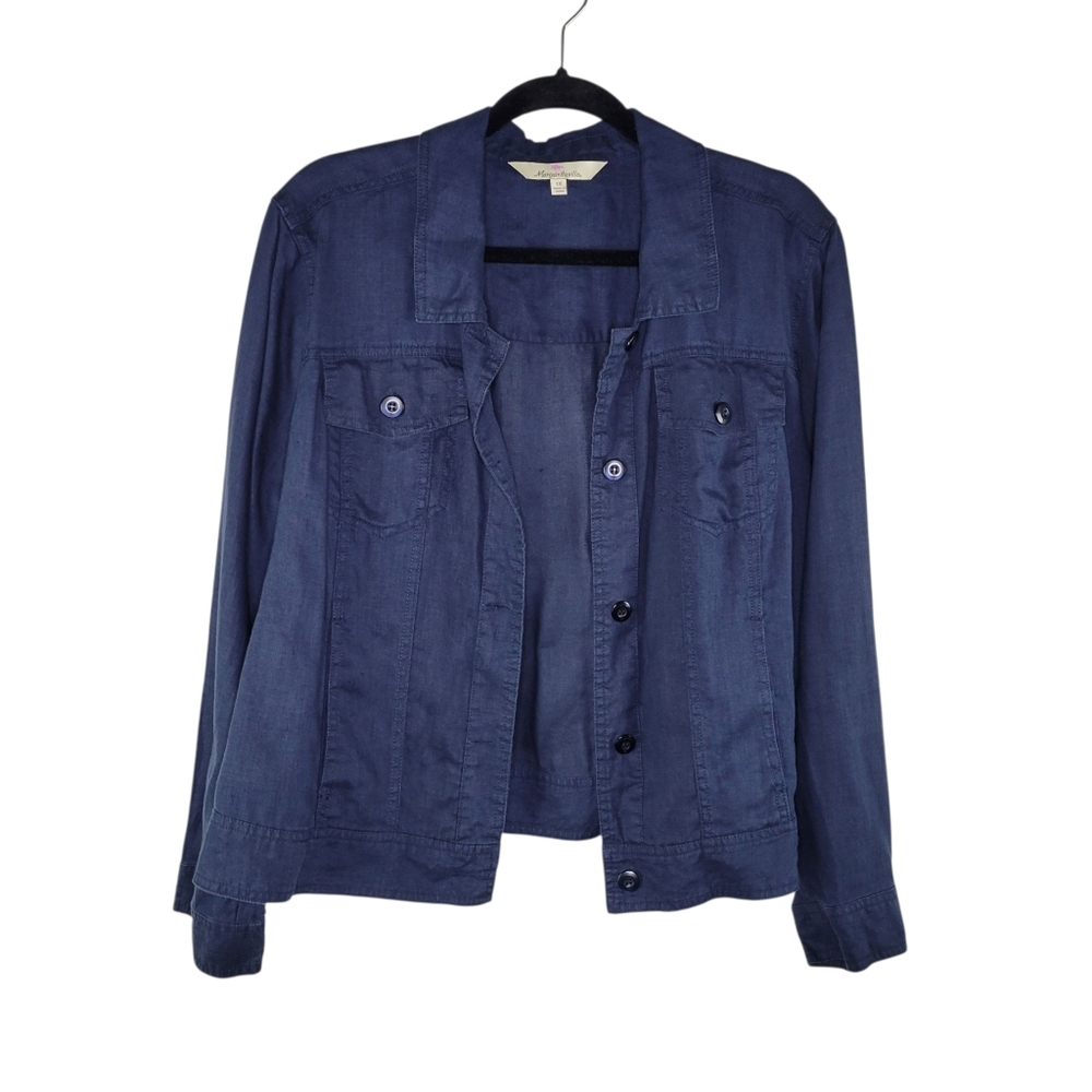 Margaritaville Women's Cropped Linen Button-Up Lightweight Jacket Size 1X Blue